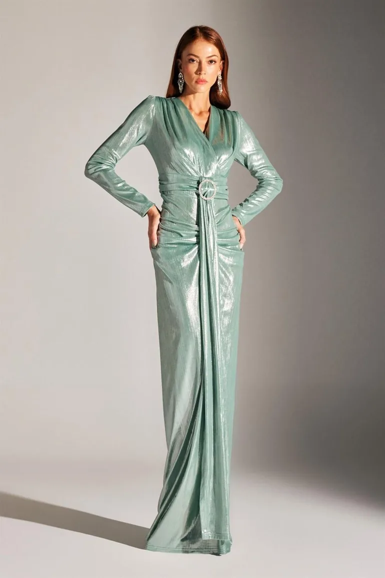 Janetta Sparkling Body-hugging Stone Belted Long Sleeve Evening Dress