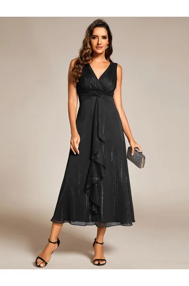 ever MEI|Glitter Sleeveless A-Line Midi Wedding Guest Dress with Ruffled Hem