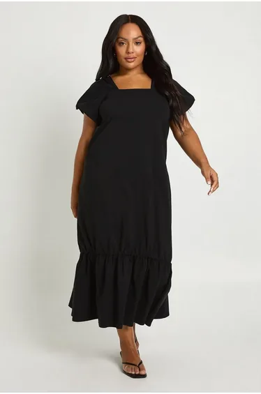 Plus Drop Hem Puff Sleeve Midaxi Smock Dress - black