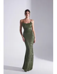 Kenna Sequined Strap Fishnet Evening Dress
