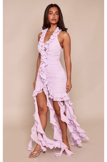 Petite Lilac Ruffle Detail Halterneck Chiffon Maxi Dress product thumbnail 2