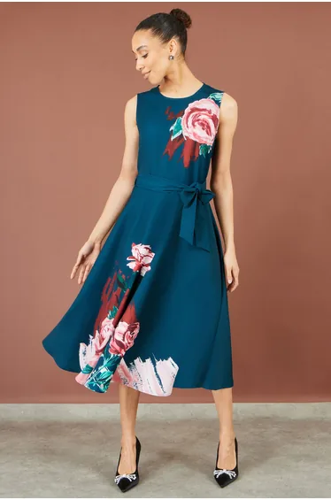 Yumi Green Abstract Floral Skater Midi Dress