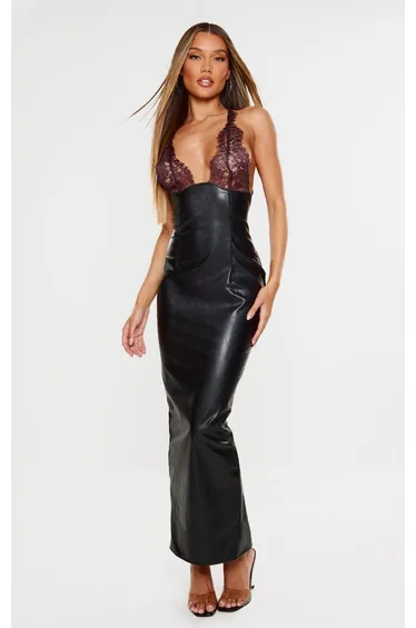 Black Faux Leather Lace Bust Low Back Maxi Dress