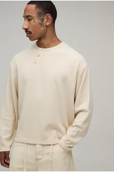 Oversized Boxy Waffle Long Sleeve Henley - beige