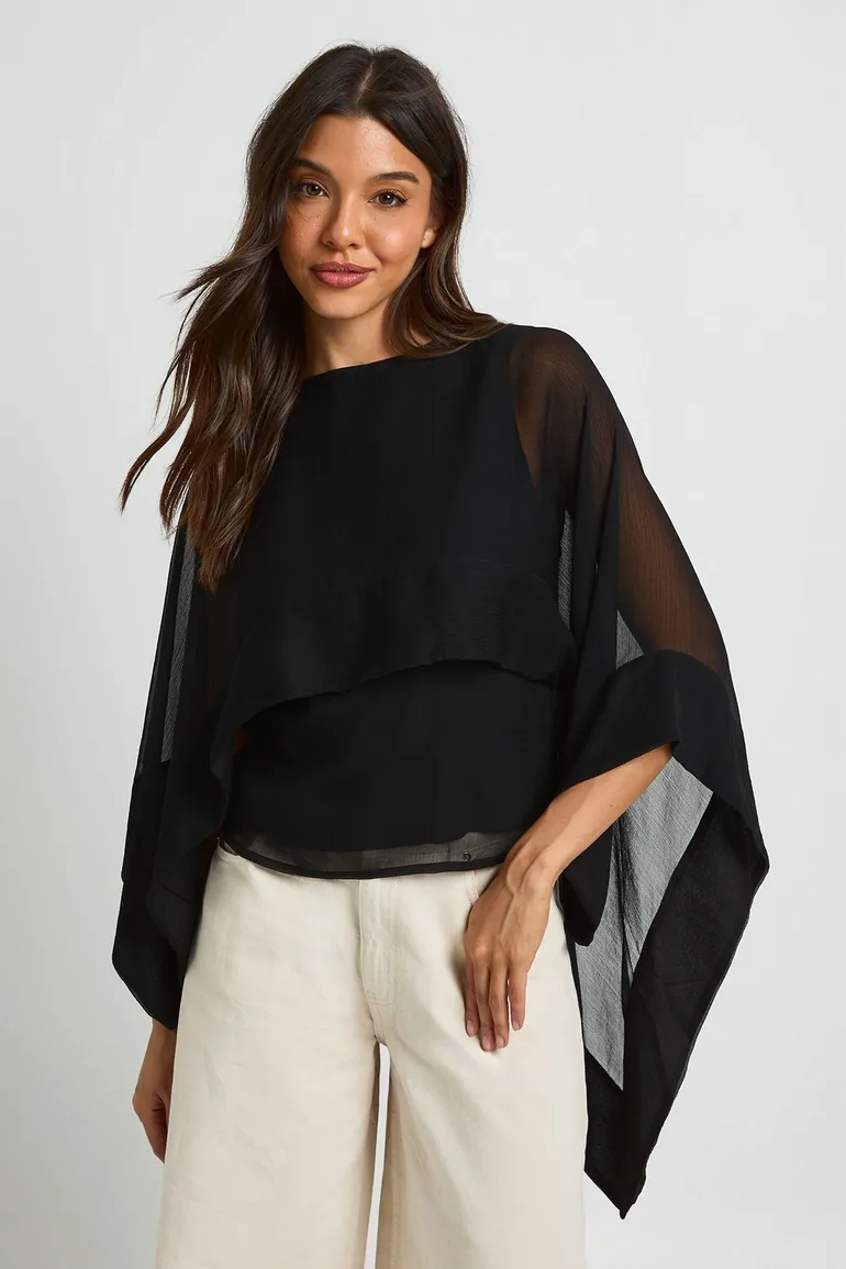 Chiffon Scarf Cape Blouse - black