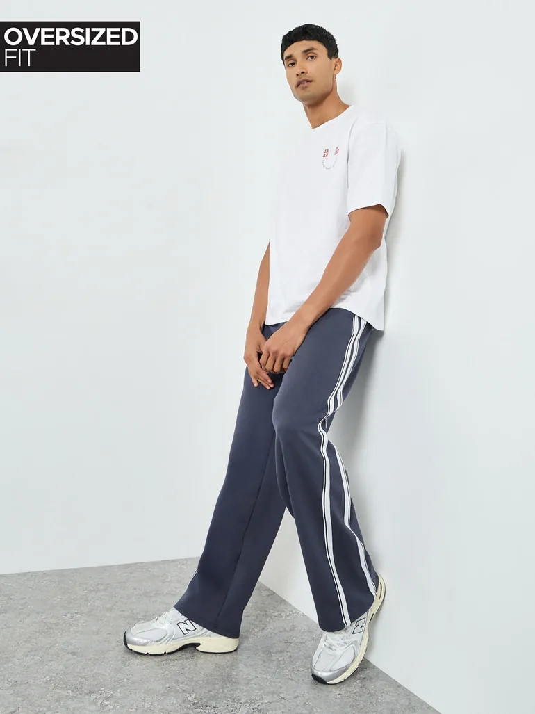 Men Navy Side Taping Striped Oversized Joggers