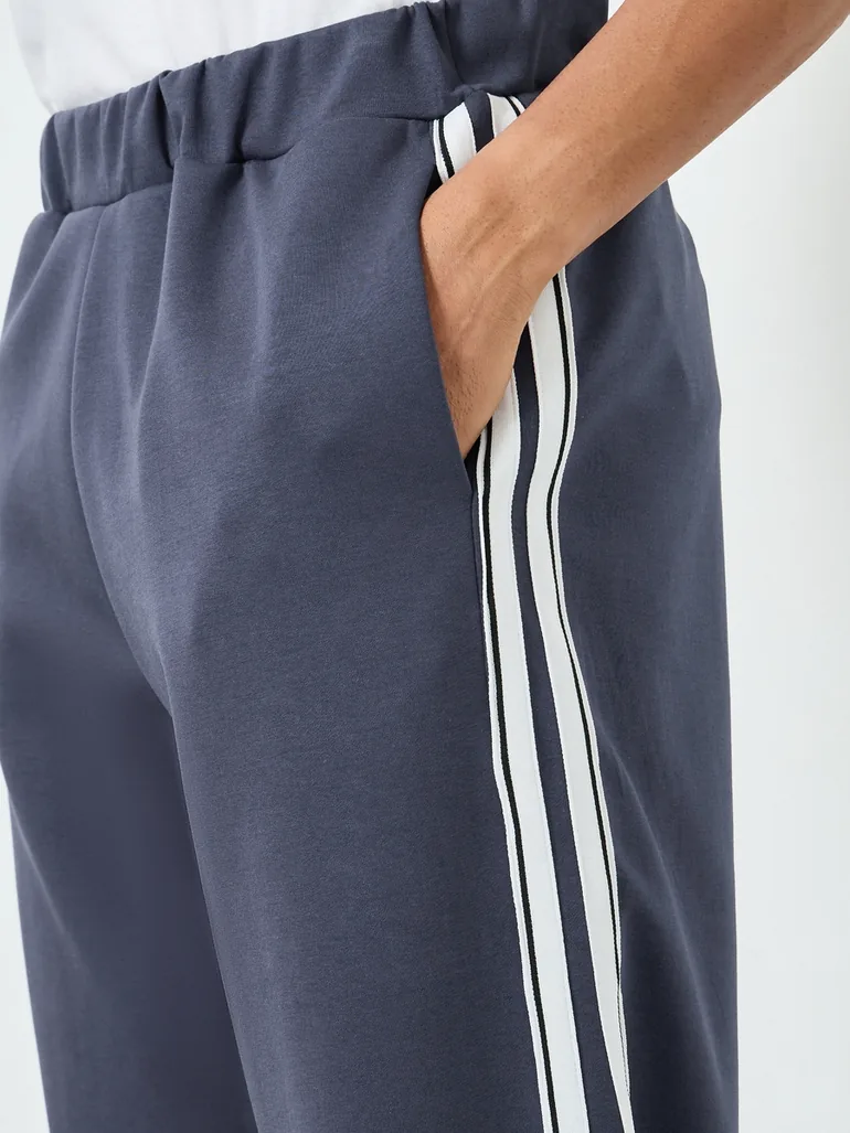 Men Navy Side Taping Striped Oversized Joggers - 2