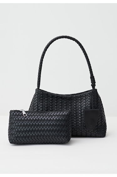Veiny Faux Leather Handmade Woven Bag in Black