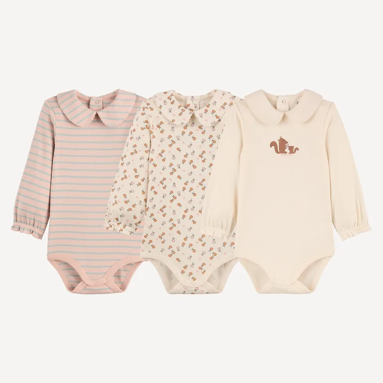 Pack of 3 Striped/Floral Print/Squirrel Print Long Sleeve Bodysuits