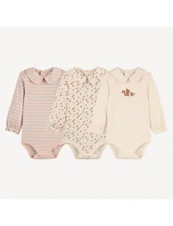 Pack of 3 Striped/Floral Print/Squirrel Print Long Sleeve Bodysuits