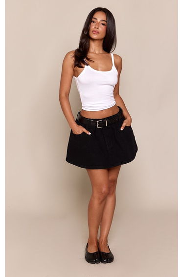 Petite Washed Black Ruched Flowy Belt Detail Denim Mini Skirt