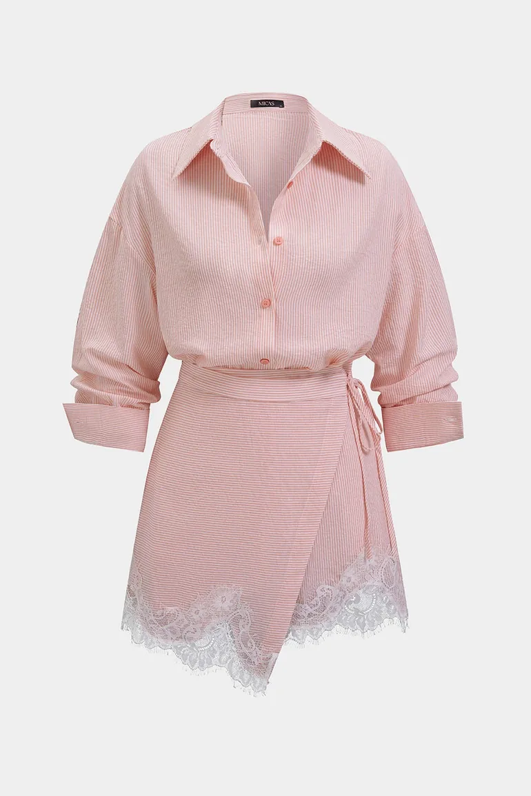 Stripes Print Button Blouse And Wrap Tie-Up Mini Skirt Set