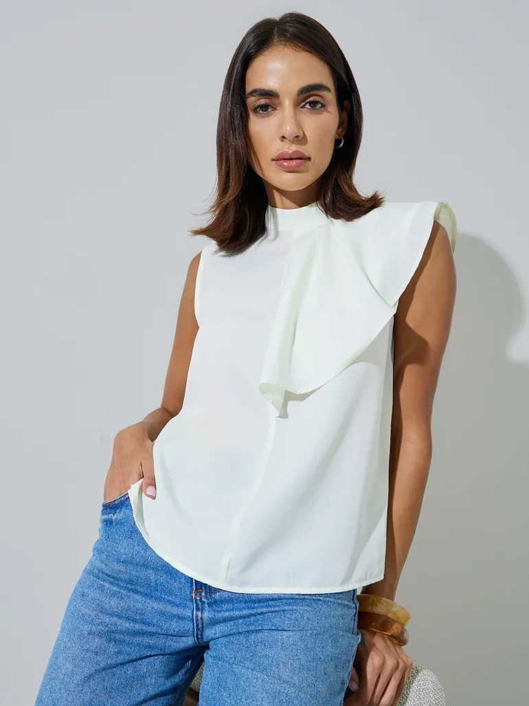 Off White Sleeveless High Neck Blouse