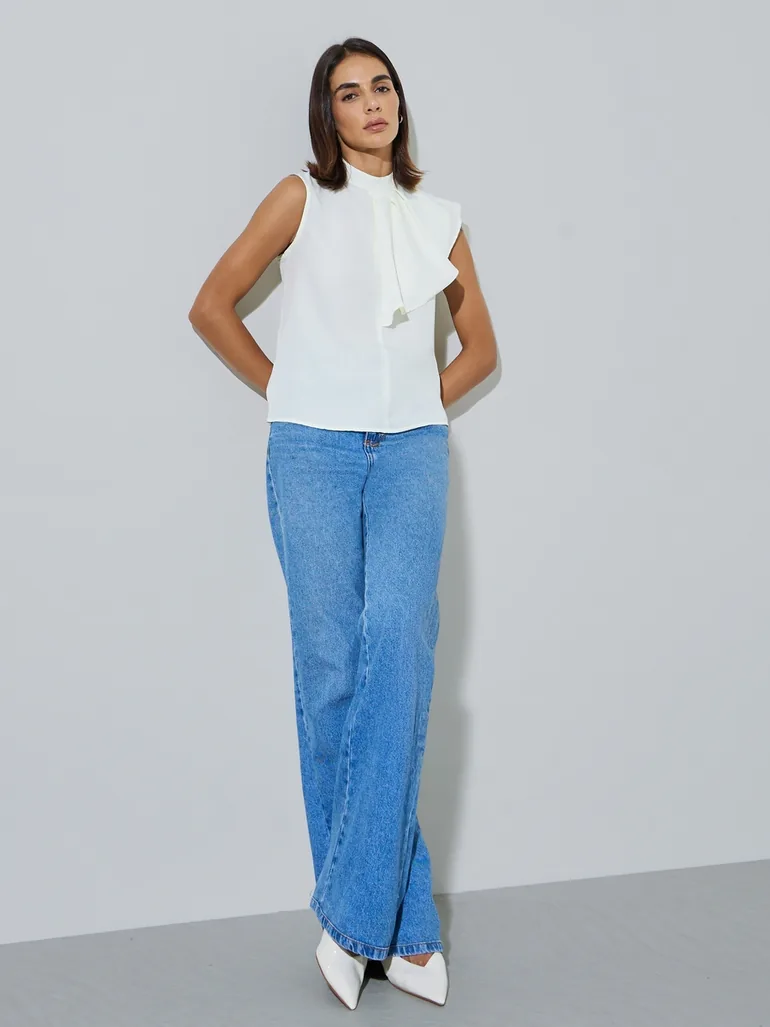 Off White Sleeveless High Neck Blouse - 1