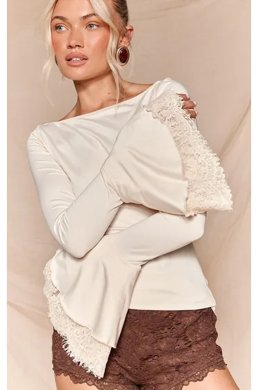 Cream Slinky Flared Lace Detail Sleeve