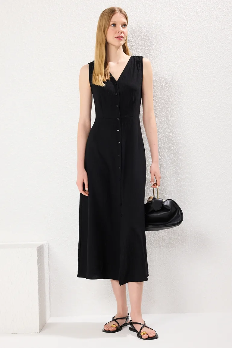 Black Buttoned Sleeveless Woven Shirt Dress - 1