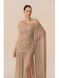 Romantic Drama Khaki Asymmetrical Cape Sleeve Maxi Dress - 1