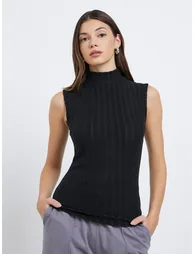 Black Sleeveless Fitted Knit Top - 2