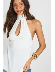 Halterneck Cut Out Drape Top - ivory - 3