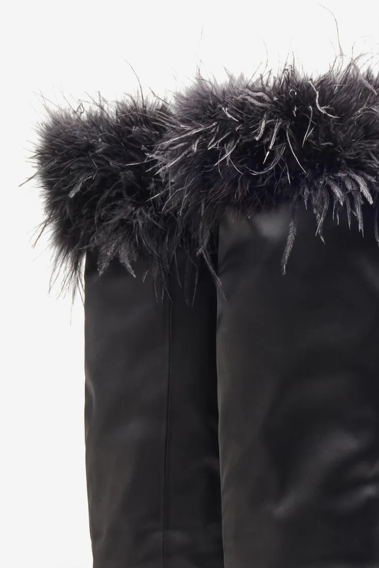 Soho | Black Satin Pointed Heeled Boots With Feather Trims - 4