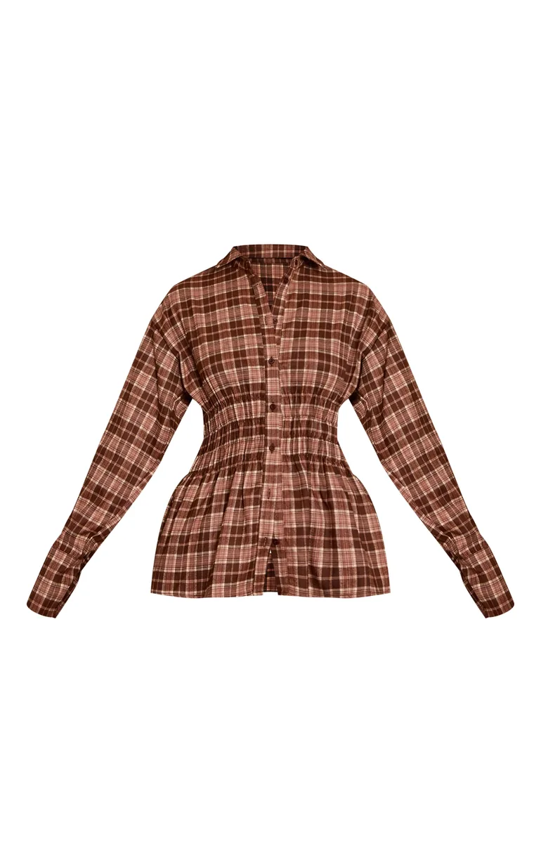 Brown Check Shirred Waist Shirt - 4