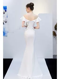 Ruffled Off-Shoulder Embroidery Mermaid Gown in White - 5