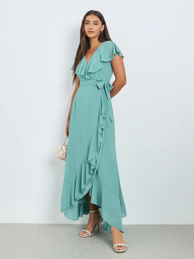 Green Solid Wrap Front Ruffle Maxi Dress