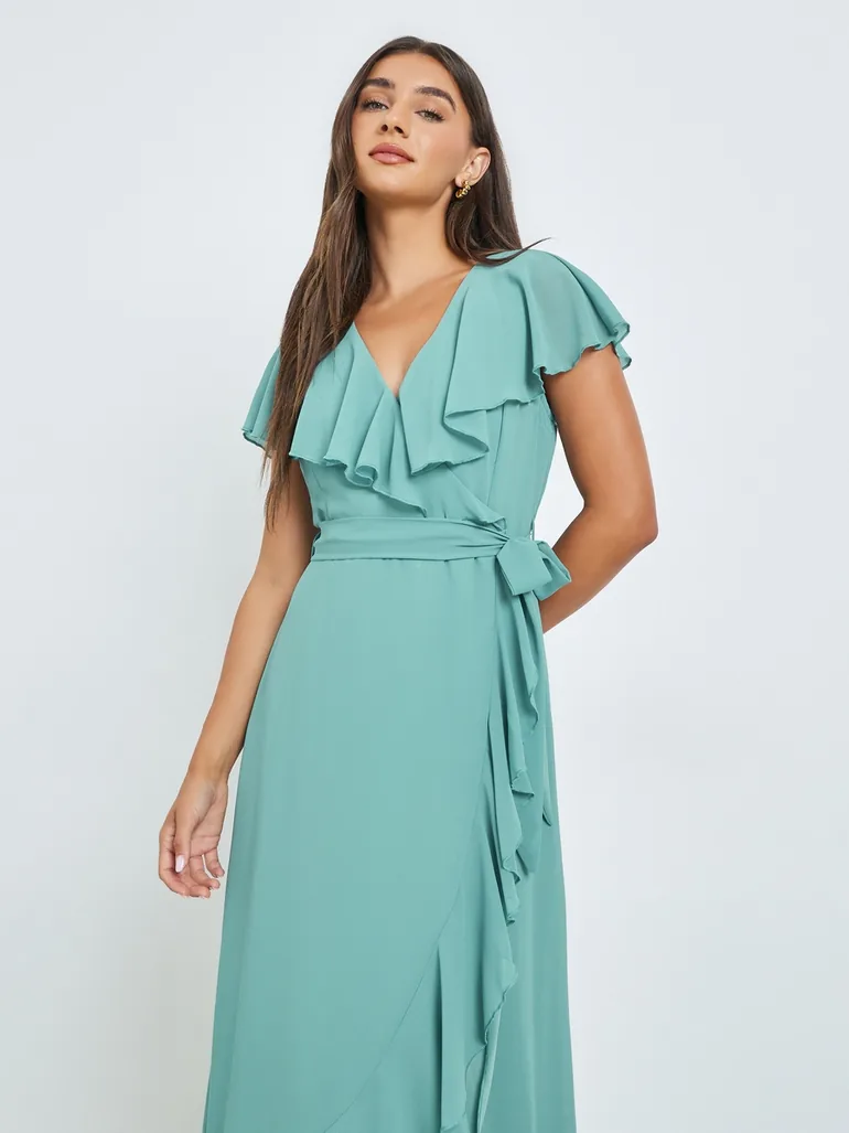 Green Solid Wrap Front Ruffle Maxi Dress - 1
