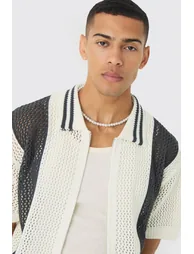 Oversized Boxy Open Stitch Zip Through Knitted Shirt - white - 2