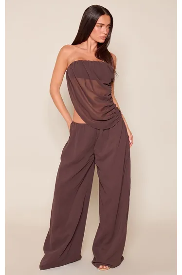 Dark Brown Chiffon Asymmetric Bandeau Top Co-ord