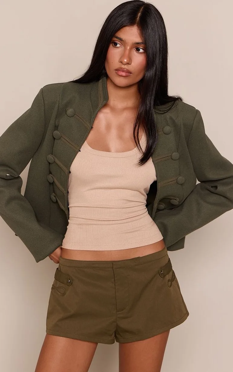 Khaki Woven Military Detail Hot Pants - 1
