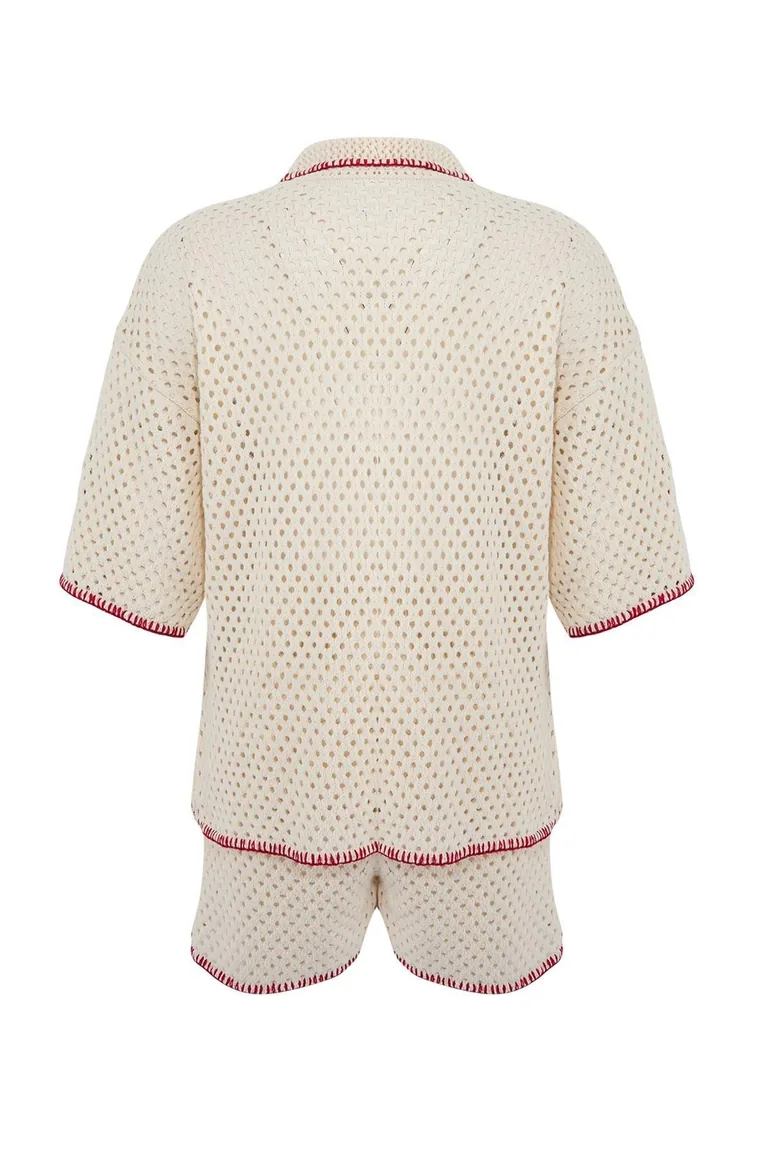 Ecru Knitwear Oversize 100% Cotton Beach Shirt Shorts Set - 1