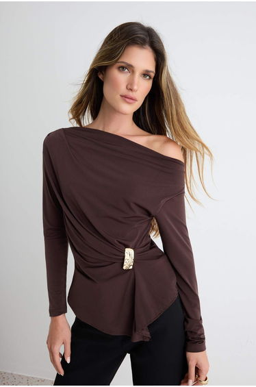 Brown Plain Fitted Degaje Collar Accessory Detailed Sandy Knitted Blouse