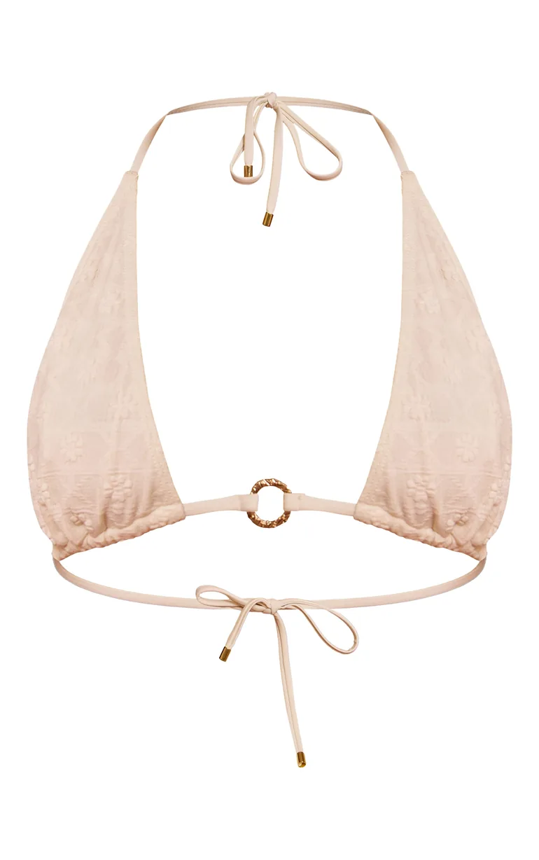 Cream Textured Floral O Ring Triangle Bikini Top - 4