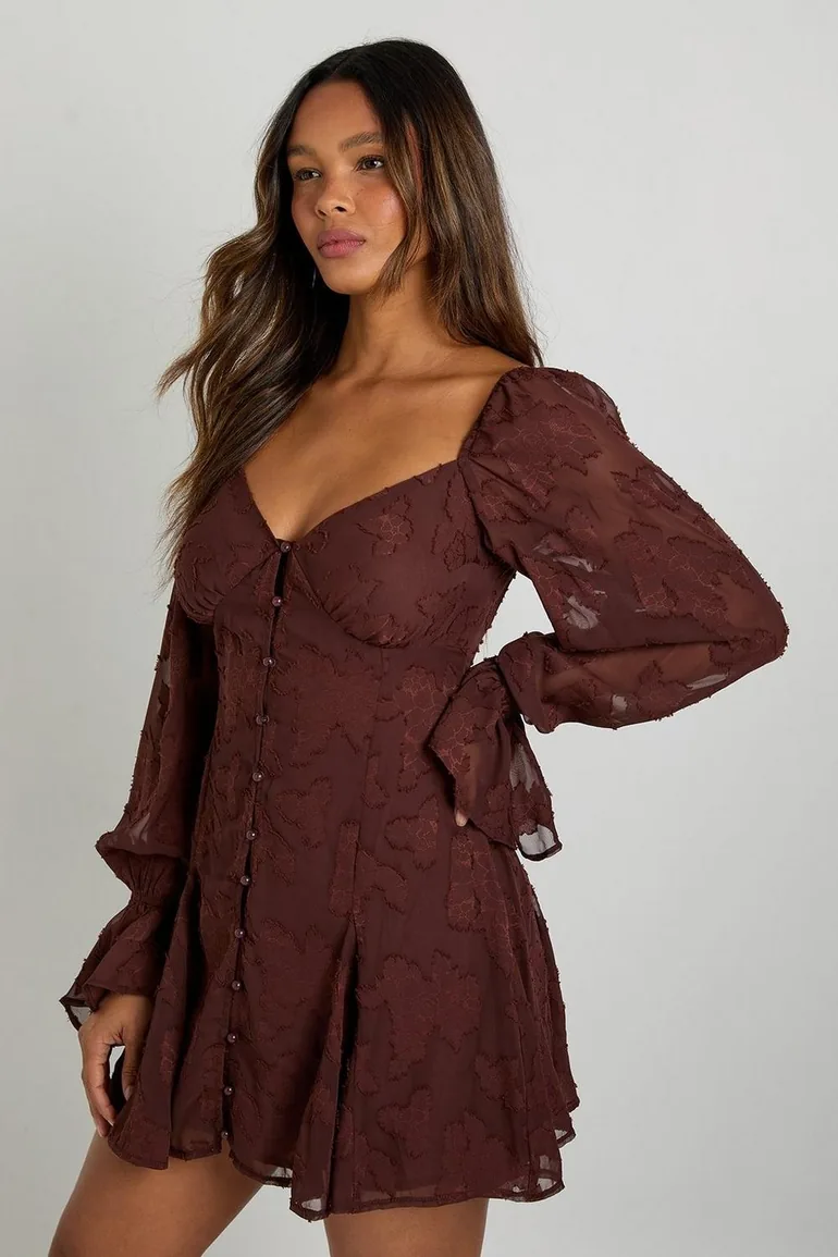 Burnout Floral Godet Hem Mini Dress - chocolate - 2