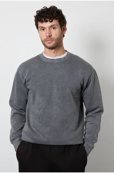 Dark Grey Garment Dyed Crew Neck Sweatshirt