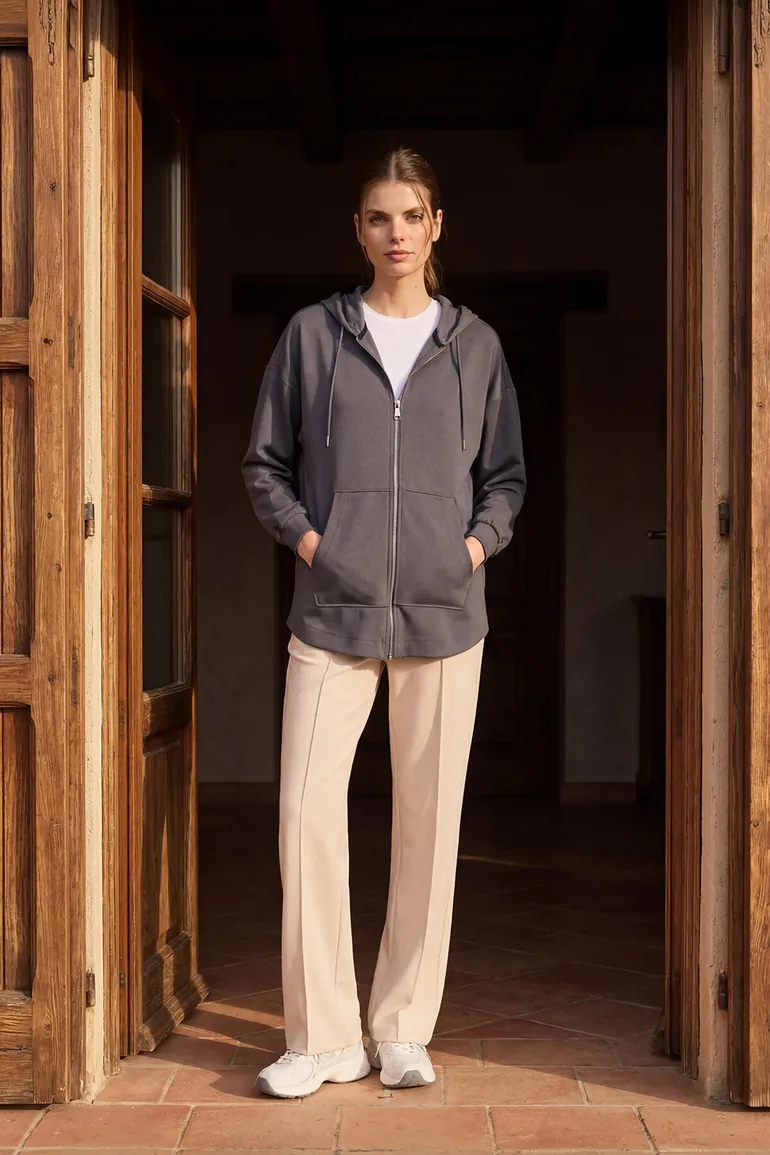 TOMMY Oversized Hooded Long-sleeve Zip Tunic Top - 1