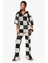 Checkerboard Crochet Wide Leg Beach Trouser - black - 2