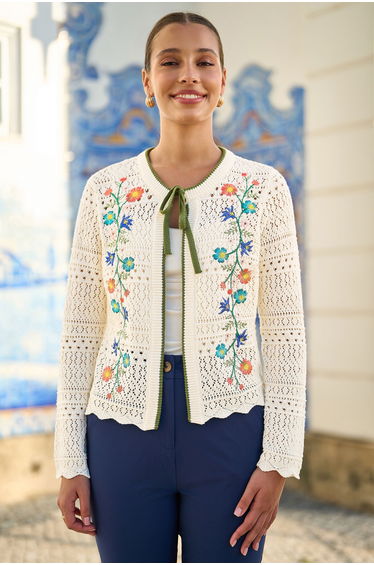 Yumi Ivory Crochet Knitted Tie Front Cardigan With Floral Embroidery product thumbnail 2