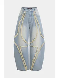 Denim Frayed Pocket Barrel Jeans