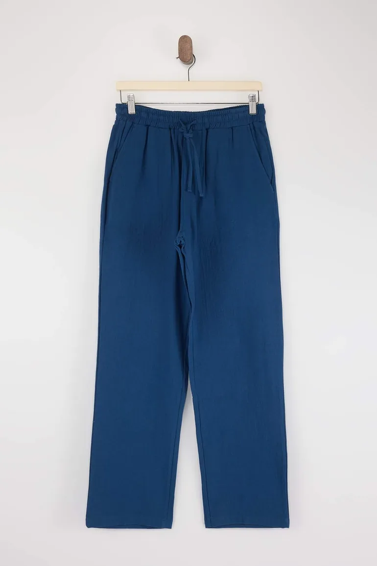 Navy Blue Muslin Fabric Linen Look Summer Elastic Waist 100% Cotton Trousers