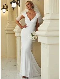 PATRISSE'S BRIDE|Cap Sleeve Deep V-Neck Backless Fishtail Wedding Dress - 2