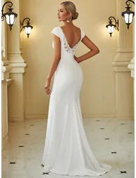 PATRISSE'S BRIDE|Cap Sleeve Deep V-Neck Backless Fishtail Wedding Dress - 1