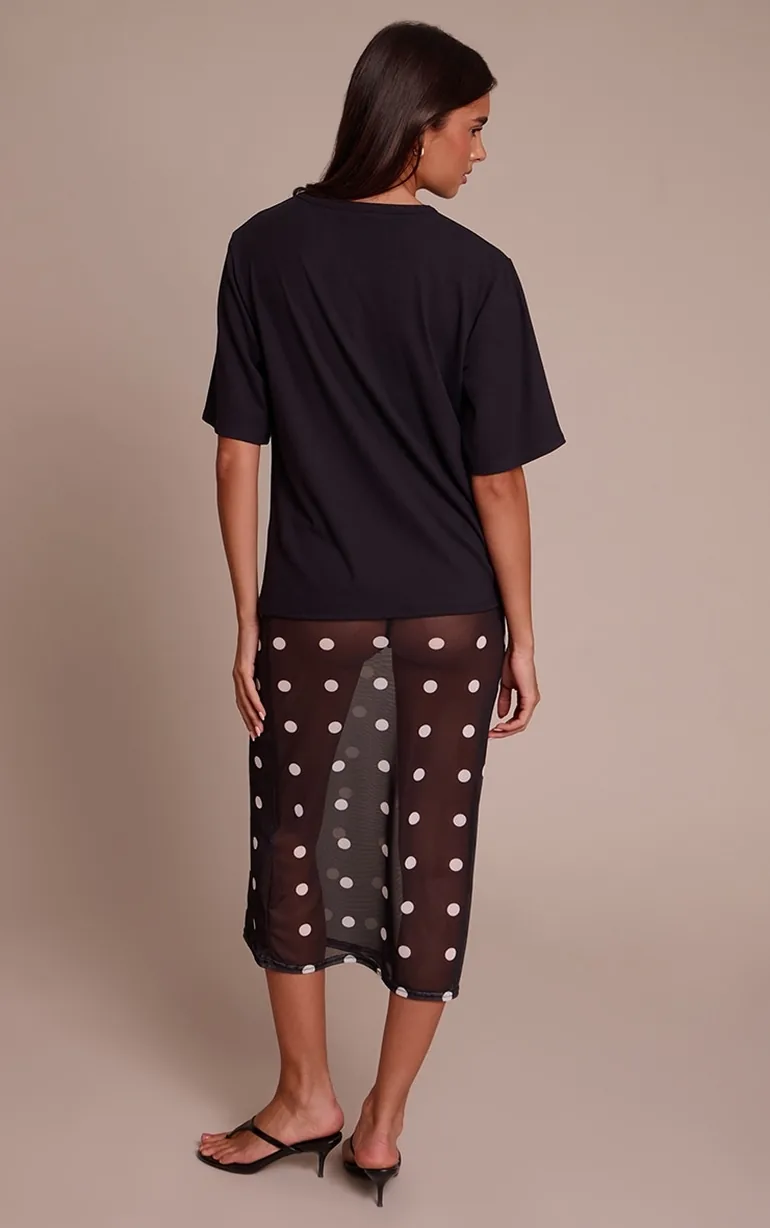 Black Mesh Polka Dot Midi Skirt - 2