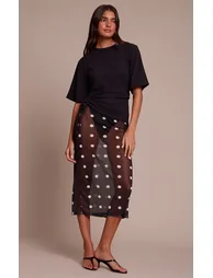 Black Mesh Polka Dot Midi Skirt - 5