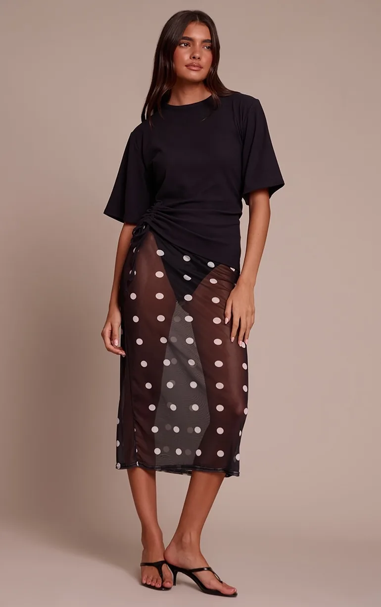 Black Mesh Polka Dot Midi Skirt