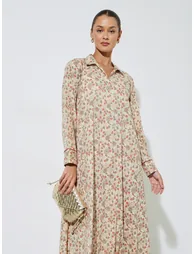 Multi-Color All Over Floral Print Collared Maxi Jalabiya - 1