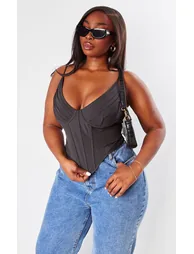 Plus Black V Neck Boning Detail Corset Top - 4