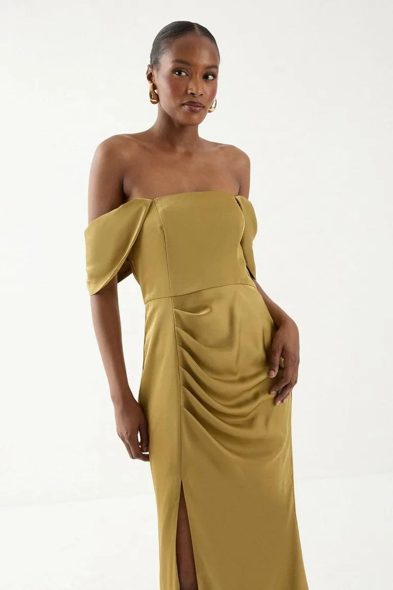 Bardot Ruched Satin Bridesmaid Dress - 1