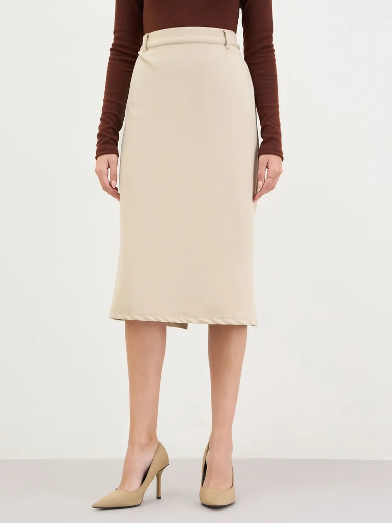 Beige Pencil Midi Skirt with Back Slit - 1